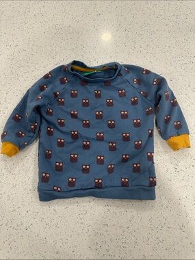 Little Green Radicals Blue Owl Sweatshirt with Mustard Cuffs